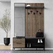 تصویر چوب لباسی و جا کفشی ورودی خانه کد 821 با آینه از چوب راش 