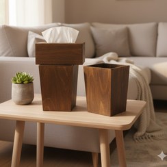 تصویر ست سطل زباله و جا دستمال کاغذی چوبی 