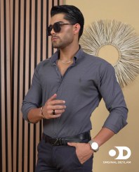 تصویر پیراهن ذغالی ساده مردانه نخی پولو پارچه شانلی کیفیت بالا | سایزبندی کامل - L 