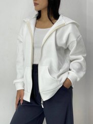 تصویر سویشرت کلاهدار دورس سه‌ نخ جلوزیپ فری‌سایز گرم - سفید 