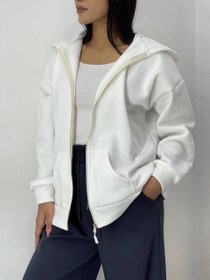 تصویر سویشرت کلاهدار دورس سه‌ نخ جلوزیپ فری‌سایز گرم - سفید 