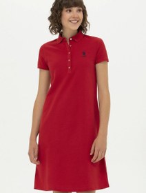 تصویر پیراهن و لباس مجلسی زنانه مینی یقه پولو آستین کوتاه قرمز یو اس پولو 