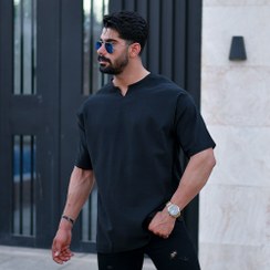 تصویر تیشرت مشکی یقه کوبایی پارچه بیسکوییتی - 2xl Black Cuban Collar Biscuit Fabric T-Shirt