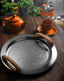 تصویر سینی استیل گرد دسته چوب 