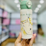 تصویر فلاسک یا تراول ماگ فانتزی (نی دار و آسان نوش) مدل گربه پشمالو 