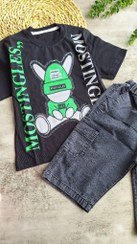 تصویر ست تیشرت شلوارک پسرونه سگ عینکی نگینی جنس شلوارک:جین کاغذی - سایز 