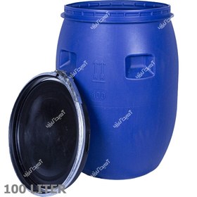 تصویر بشکه پلاستیکی 100 لیتری دهانه باز با درب و تسمه 100 liter open mouth plastic barrel with lid and strap