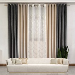 تصویر پک ۵ تکه پرده آماده پانچی مخمل کالیفرنیا طوسی و کرم 