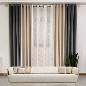 تصویر پک ۵ تکه پرده آماده پانچی مخمل کالیفرنیا طوسی و کرم 