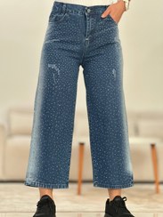 تصویر شلوار واید نگین دار زنانه جین سنگشور شده سایز ۳۸ سرمه ای 