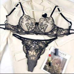 تصویر ست لباس زیر فانتزی شین (Shein) دو تکه مشکی دانتل گلدوزی 