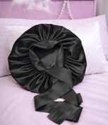 تصویر کلاه خواب ساتن بدون کش – نرم، ضدحساسیت و فیکس با بند | - مشكي Satin Sleep Cap for Curly Hair – Soft, Anti-Allergy & Ribbon Fix | Free Shipping