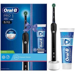 تصویر مسواک برقی اورال بی Oral-B سری Pro1 مدل 650 کراس اکشن | رنگ مشکی، دارای خمیر دندان اصل (بار آمازون) Oral-B Pro 1 650 Cross Action Electric Toothbrush, Black + Pro Expert Paste