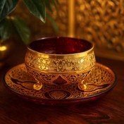 تصویر ست پیاله و پیش دستی کریستال طلاکوب طرح کاستل رنگ قرمز مجموعه 12 پارچه 