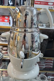 تصویر سماور برقی استیل سوفرام ترک با قوری استیل ترک Sofram Turkish Steel Electric Samovar With Steel Teapot