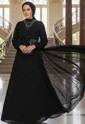 تصویر لباس Neva Style مجلسی مشکی منجوق دوزی شده با حجاب 25882S اورجینال 