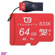 تصویر کارت حافظه microSD XC تروبایت (Truebyte) مدل 633X-A2-V30 کلاس 10 استاندارد UHS-I U3 سرعت 95MBps ظرفیت 64GB+کارت خوان بسته 5 عددی 