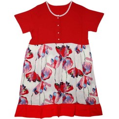 تصویر پیراهن نخی زنانه قرمز و سفید Missdo طرح گل آبرنگی دکمه دار 2020-2 