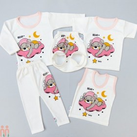 تصویر بهترین لباس نوزادی دخترانه ست 5 تکه نخی صورتی سفید خرس خوابیده Baby clothes set 