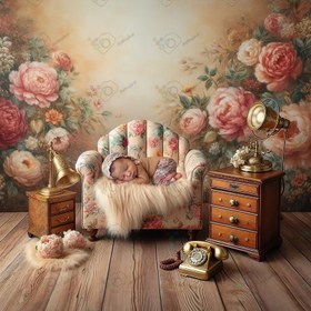 تصویر بک دراپ نوزاد مبل گل گلی با دکور چوبی و طلایی-کد 55081(ویژه عکس گراف) 