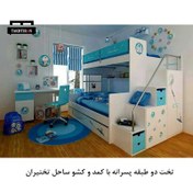 تصویر تخت دو طبقه پسرانه با کمد و کشو 