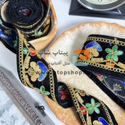 تصویر نوار خرج کار لمه و گلدوزی با پولک کاری روی زمینه مخمل مشکی 