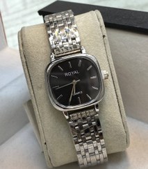 تصویر ساعت زیبای صفحه مربع زنونه و دخترونه - سیلور صفحه مشکی ROYAL