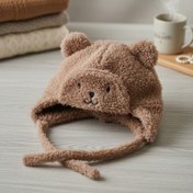 تصویر کلاه پولیشی نوزادی تا ۲ سال | گرم، نرم و گوش‌دار - قهوه ای Baby Plush Winter Hat with Ear Cover – Up to 2 Years