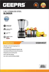 تصویر مخلوط کن سه کاره جی پاس مدل GSB44017 3In1S/S Blender/8Spd/1.5Plas Jar/500W