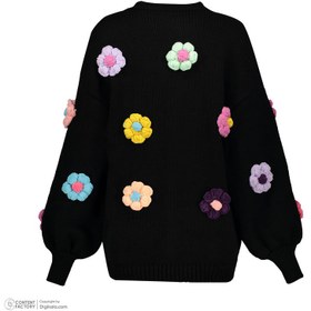 تصویر ژاکت زنانه گره استایل مدل گل‌دار بابونه رنگ مشکی 