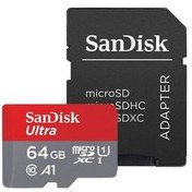تصویر کارت حافظه MicroSDXC سن دیسک مدل Ultra کلاس 10 استاندارد UHS-I U1 A1 سرعت 100 مگابایت بر ثانیه ظرفیت 64 گیگابایت به همراه آداپتور SD Sandisk MicroSDXC Ultra Class 10 UHS-I U1 A1 Speed 100MB/s 64GB Memory Card + Adaptor SD