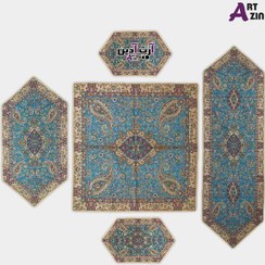 تصویر ست ترمه یزد - رومیزی پنج تکه ابریشم طرح سالار آبی کد: 1644 