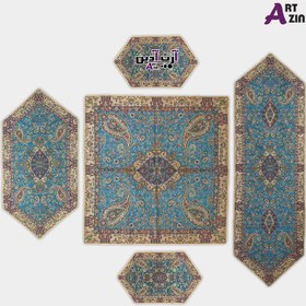 تصویر ست ترمه یزد - رومیزی پنج تکه ابریشم طرح سالار آبی کد: 1644 
