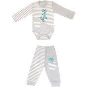 تصویر زیردکمه آستین بلند و شلوار دوروپنبه به آوران طرح دینو سایز نوزادی تا 2 سال بادی 