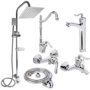 تصویر ست شیرآلات فراست پویا مدل قاجاری ۶ عددی کروم همراه با علم دوش دوکاره 