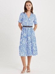 تصویر لباس زنانه میدی یقه پیراهنی با طرح چاپی و کمربند کوتاه آستین و شیک Defacto 