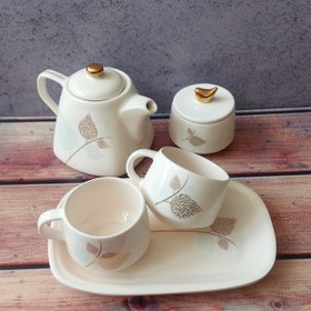 تصویر ست چایخوری برگ طلایی فیروزه ای با لاستر طلا 