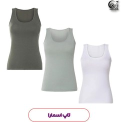 تصویر تاپ زنانه اسمارا نخی بند پهن ست 3 عددی سبز و سفید 