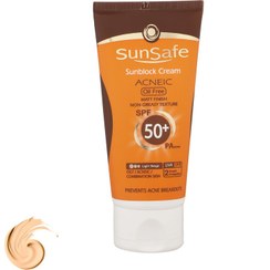 تصویر کرم ضد آفتاب رنگی سان سیف، مدل SPF50، مناسب پوست چرب، مختلط و دارای آکنه تنالیته رنگ روشن و حجم 50 میلی‌لیتر، محافظت کننده در ب 