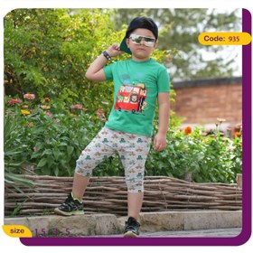 تصویر تیشرت شلوارک پسرانه طرح اتوبوس حیوانات کد 935 Boys' t-shirt with animal bus design 935