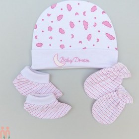 تصویر ست کلاه دستکش پاپوش نوزاد نخ پنبه ای سفید ابر و ماه مارک پاپوُ baby cotton hat Set 