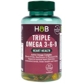 تصویر کپسول اسید چرب امگا 3.6.9 شرکت H&B تقویت قلب و عروق، مغز و بینایی 60عددی Holland & Barrett Triple Omega3.6.9 
