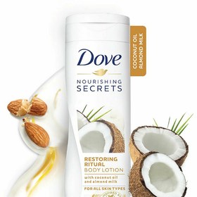 تصویر لوسیون بدن نارگیل و بادام داو Dove Nourishing Secrets Restoring Ritual with Coconut Oil Body Lotion