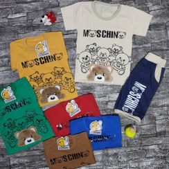 تصویر تیشرت شلوارک پسرانه گلدوزی خرس جنس پنبه یکرو و تنسل 