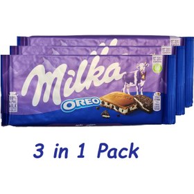 تصویر شکلات تخته‌ای میلکا مدل اورئو، بسته 3 عددی OREO Milka Chocolate bar, 3 in 1