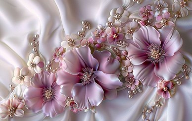 تصویر پوستر دیواری گل‌های صورتی لوکس با مروارید و بافت ابریشمی | دکوراسیون شیک منزل - وال یو 