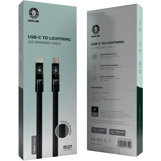 خرید و قیمت کابل فست شارژ LED دار تایپ سی به لایتنینگ 27 وات گرین مشکی ...