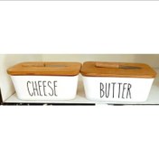 تصویر ظرف کره و پنیر سرامیکی مستطیلی با درب چوبی 