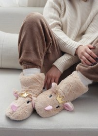 تصویر پاپوش خزدار ساقدار زنانه مدل موش تاج دار 