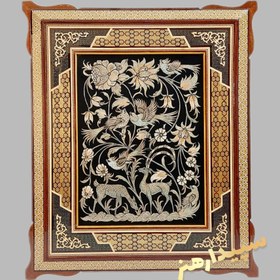 تصویر تابلو مسی قلمزنی با قاب خاتم سایز 55 در 65 